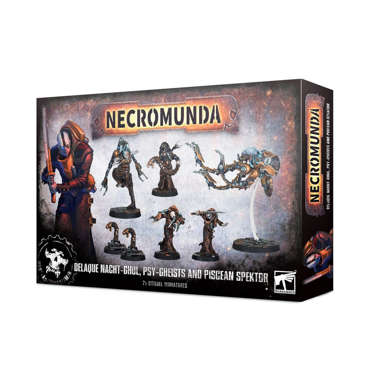 Boxed Necromunda miniature set shown from the front and right side, with artwork of hooded fighters and strange creatures. The front reads “NECROMUNDA” and “DELAQUE NACHT-GHUL, PSY-GHEISTS AND PISCEAN SPEKTOR,” with “7x CITADEL MINIATURES” below.