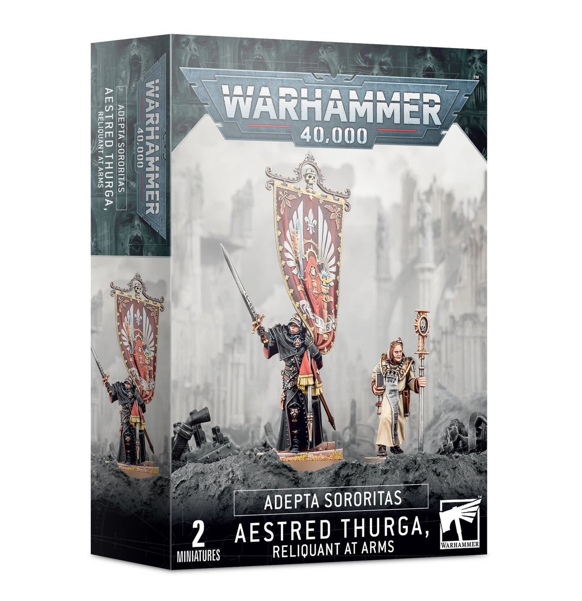 Warhammer 40,000 miniature kit box showing two figures: an armored warrior in black and red holding a sword beneath a tall red-and-gold banner, and a cream-robed figure carrying a staff. The box reads “ADEPTA SORORITAS” and “AESTRED THURGA, RELIQUANT AT ARMS.”