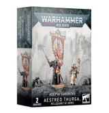 Warhammer 40,000 miniature kit box showing two figures: an armored warrior in black and red holding a sword beneath a tall red-and-gold banner, and a cream-robed figure carrying a staff. The box reads “ADEPTA SORORITAS” and “AESTRED THURGA, RELIQUANT AT ARMS.”