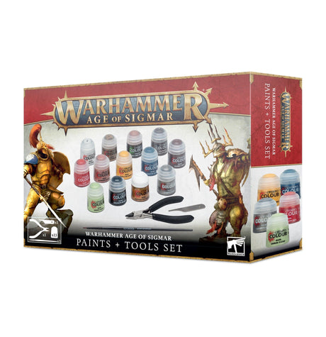 Warhammer Age of Sigmar paints and tools set box shown from the front and right side on a white background. The red, cream and black package features fantasy warrior artwork, colorful paint pots and hobby tools, with the text “WARHAMMER AGE OF SIGMAR” and “PAINTS + TOOLS SET.”