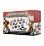 Warhammer Age of Sigmar paints and tools set box shown from the front and right side on a white background. The red, cream and black package features fantasy warrior artwork, colorful paint pots and hobby tools, with the text “WARHAMMER AGE OF SIGMAR” and “PAINTS + TOOLS SET.”