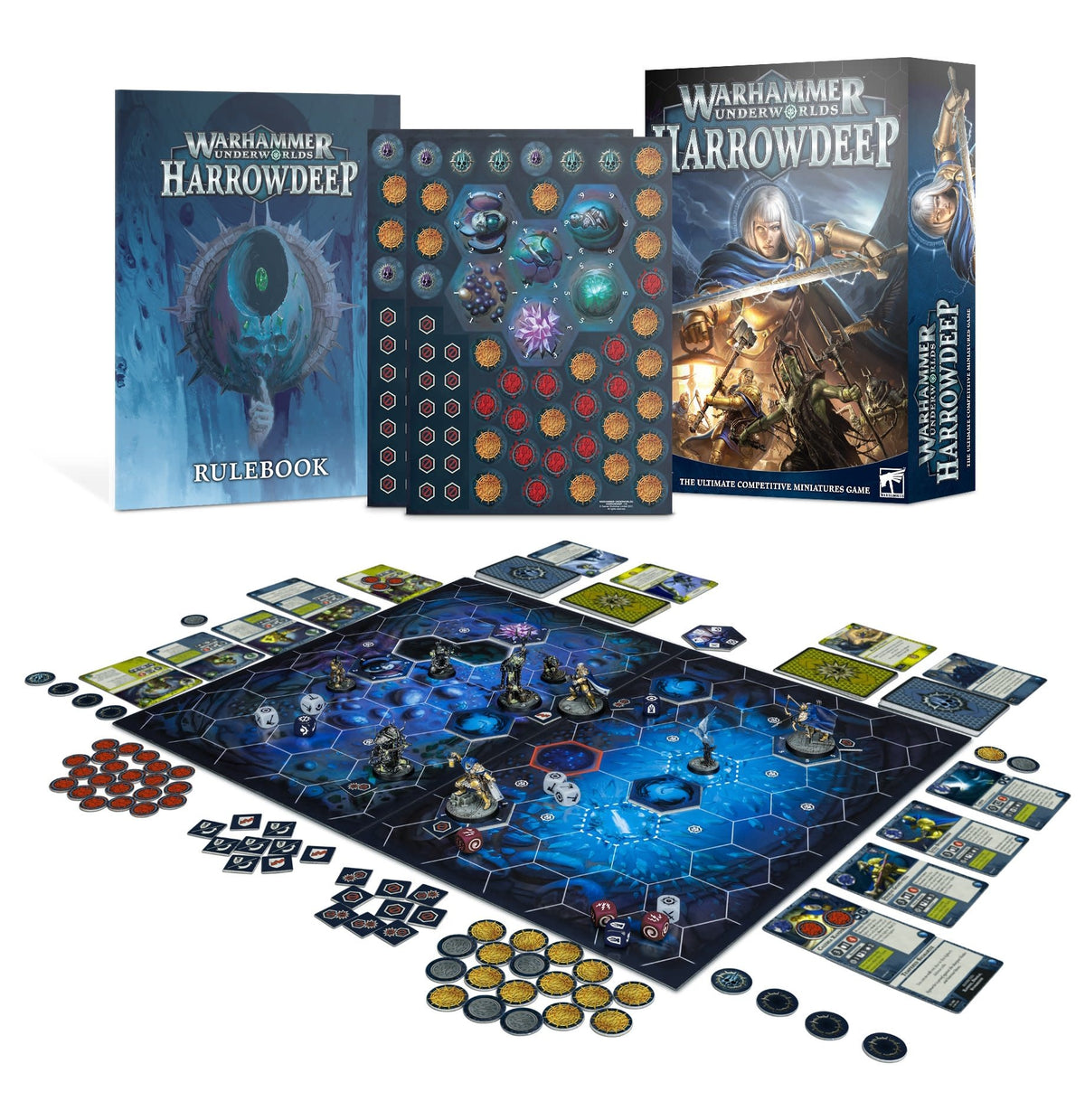 Warhammer Underworlds: Harrowdeep game set displayed with a blue illustrated box, a matching rulebook, token sheet, cards, dice, miniatures and a blue hex-grid board. The box and book read “WARHAMMER UNDERWORLDS HARROWDEEP”; the book also reads “RULEBOOK”.