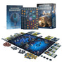 Warhammer Underworlds: Harrowdeep game set displayed with a blue illustrated box, a matching rulebook, token sheet, cards, dice, miniatures and a blue hex-grid board. The box and book read “WARHAMMER UNDERWORLDS HARROWDEEP”; the book also reads “RULEBOOK”.