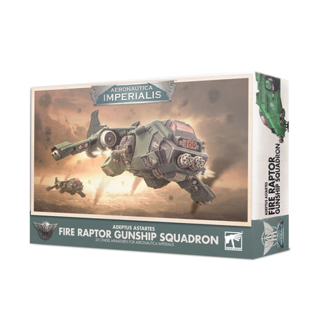 Box for Aeronautica Imperialis: Fire Raptor Squadron, shown from the front and right side. The front depicts two gray gunships flying through a smoky sky and reads “AERONAUTICA IMPERIALIS” and “FIRE RAPTOR GUNSHIP SQUADRON”; green aircraft artwork appears on the side.