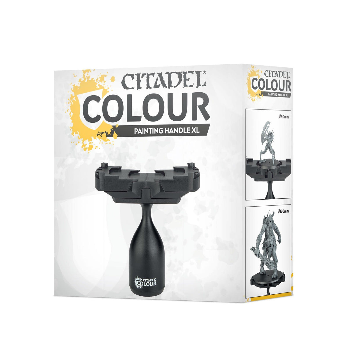 Boxed Citadel Painting Handle XL, a black handle with a wide sliding grip, shown on white and gray packaging with yellow splashes. The side panel shows two miniature figures mounted on the handle; front text reads “CITADEL COLOUR” and “PAINTING HANDLE XL.”