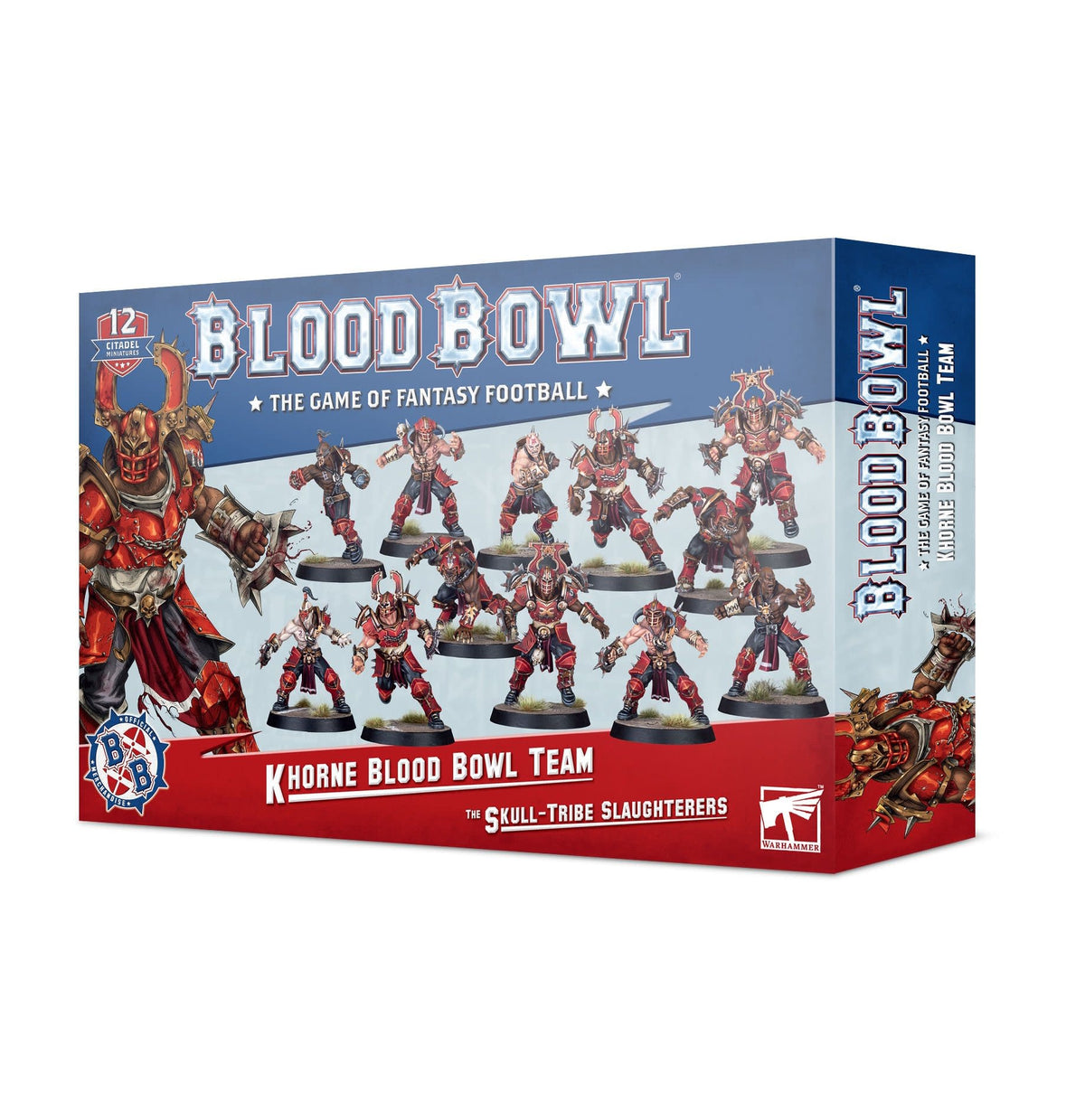 Blue and red Blood Bowl team box shown from the front and right side, illustrated with red-armored fantasy football miniatures on round bases. The box reads “BLOOD BOWL” and “KHORNE BLOOD BOWL TEAM.”