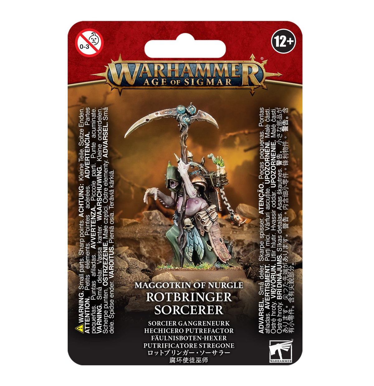 Front of a red, brown and black Warhammer package showing a painted, hooded fantasy sorcerer miniature with a curved staff, armor and hanging shield. The card reads “WARHAMMER AGE OF SIGMAR” and “MAGGOTKIN OF NURGLE ROTBRINGER SORCERER.”