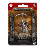 Front of a red, brown and black Warhammer package showing a painted, hooded fantasy sorcerer miniature with a curved staff, armor and hanging shield. The card reads “WARHAMMER AGE OF SIGMAR” and “MAGGOTKIN OF NURGLE ROTBRINGER SORCERER.”