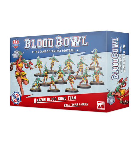 Blue-and-red Blood Bowl: Amazon Team box shown from the front and right side, with artwork of fantasy football miniatures in teal, red, and yellow uniforms. The front reads “BLOOD BOWL” and “AMAZON BLOOD BOWL TEAM.”