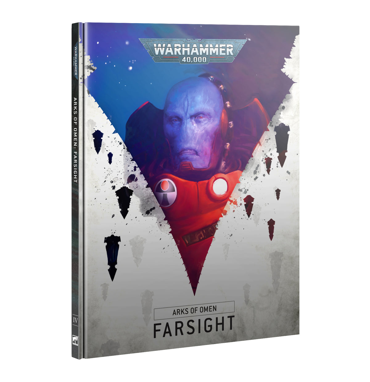 Warhammer 40,000 book shown upright with its front cover and spine visible. The cover features a blue-skinned, bald figure in red armor against a blue and gray background, with the text “WARHAMMER 40,000” and “ARKS OF OMEN: FARSIGHT.”