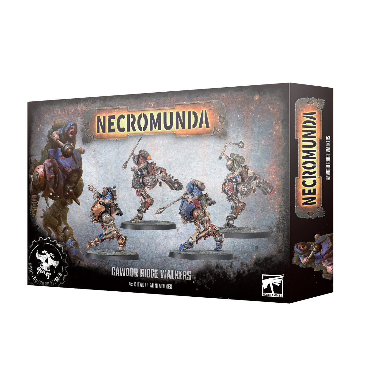 Box for Necromunda: Cawdor Ridge Walkers, with artwork of four blue-and-rust armored riders on mechanical walkers against a weathered gray background. The front reads “NECROMUNDA” and “CAWDOR RIDGE WALKERS”; the right spine repeats the title.