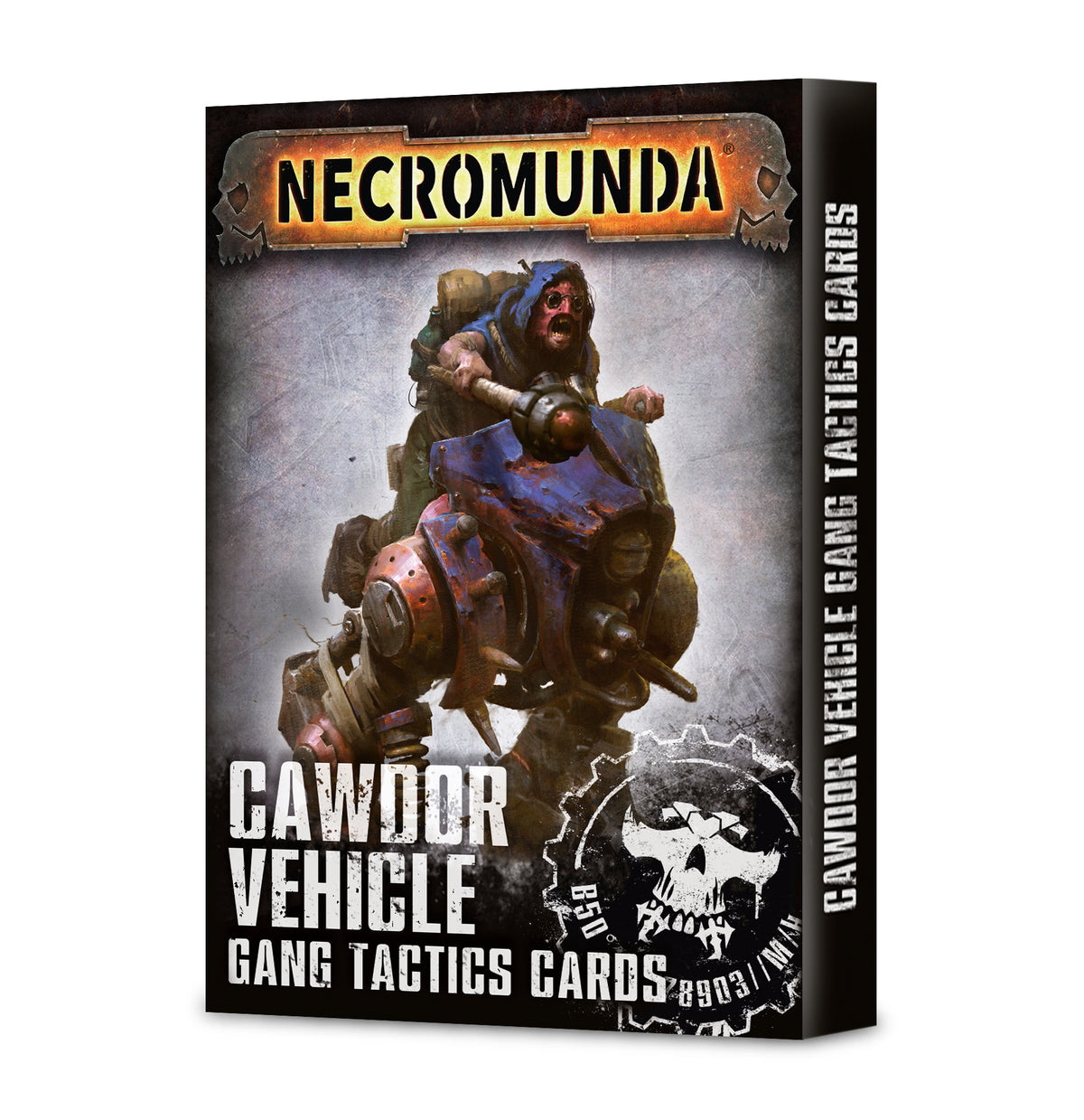 Black Necromunda card box shown from the front and right side, with artwork of a man riding a battered blue vehicle and a white skull emblem. The front reads “NECROMUNDA” and “CAWDOR VEHICLE GANG TACTICS CARDS”; the side reads “CAWDOR VEHICLE GANG TACTICS CARDS.”
