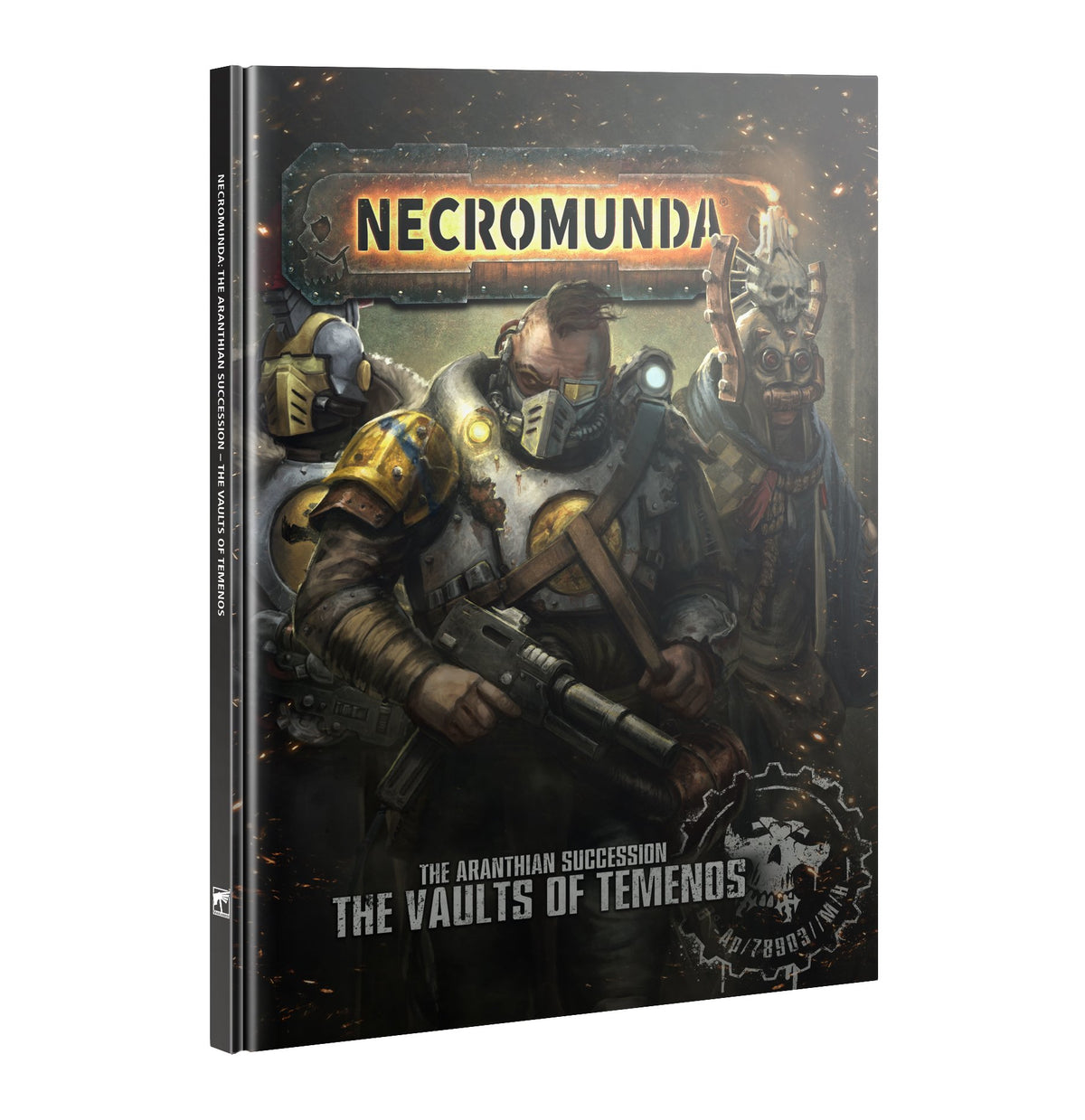 A dark illustrated Necromunda rulebook shown at an angle with its front cover and spine visible. Armored figures fill the cover, including a foreground character with yellow shoulder armor holding a gun; the text reads “NECROMUNDA” and “THE VAULTS OF TEMENOS.”