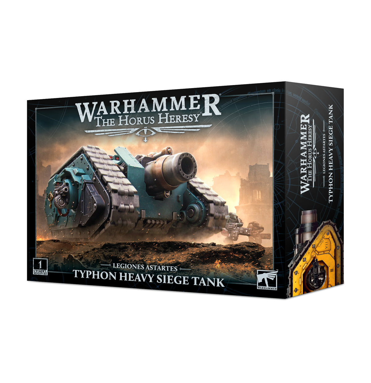 Box for a Legiones Astartes Typhon Heavy Siege Tank miniature, showing a dark teal tracked tank with a large cannon in a dusty battlefield scene. The front reads “WARHAMMER THE HORUS HERESY” and “TYPHON HEAVY SIEGE TANK”; the side shows yellow tank artwork.