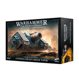 Box for a Legiones Astartes Typhon Heavy Siege Tank miniature, showing a dark teal tracked tank with a large cannon in a dusty battlefield scene. The front reads “WARHAMMER THE HORUS HERESY” and “TYPHON HEAVY SIEGE TANK”; the side shows yellow tank artwork.