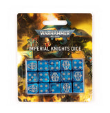 A blister pack holds 15 blue Imperial Knights dice in three rows, with silver pips and silver heraldic emblems on some faces, against fiery sci-fi character artwork. The package reads “WARHAMMER 40,000” and “IMPERIAL KNIGHTS DICE.”