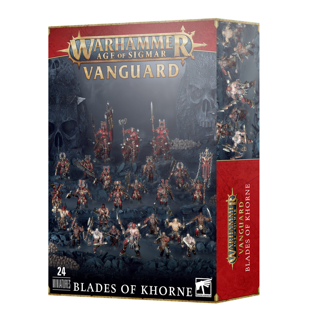 Box for a Warhammer Age of Sigmar miniatures set, shown from the front and right side. The front depicts armored warriors and mounted fighters in a dark rocky scene; red-and-gold trim frames the text “VANGUARD” and “BLADES OF KHORNE,” with “24 MINIATURES” at the bottom.