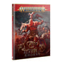 Hardcover Battletome: Blades of Khorne shown from the front with its red spine visible. The dark red and gray cover depicts a muscular horned warrior amid a battle scene and reads “WARHAMMER AGE OF SIGMAR” and “CHAOS BATTLETOME BLADES OF KHORNE.”