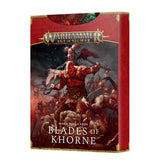 Front of a red, gold-trimmed Blades of Khorne Warscroll Cards box, shown at a slight angle with its right side visible. Battle artwork features a muscular horned warrior; the cover reads “WARHAMMER AGE OF SIGMAR,” “WARSCROLL CARDS,” and “BLADES OF KHORNE.”