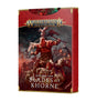 Front of a red, gold-trimmed Blades of Khorne Warscroll Cards box, shown at a slight angle with its right side visible. Battle artwork features a muscular horned warrior; the cover reads “WARHAMMER AGE OF SIGMAR,” “WARSCROLL CARDS,” and “BLADES OF KHORNE.”