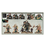 Dark Angels miniature set shown as painted figures: a central green-and-black armored warrior with a sword and shield, flanked by three cream-and-gold armored veterans. Panels above show alternate head options and close-up details.