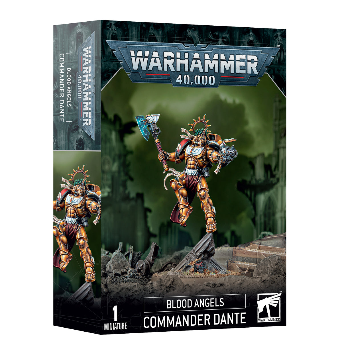 Box for a Commander Dante miniature, with front and left side panels visible. The front shows a gold-and-orange armored figure holding a staff above rubble, with “WARHAMMER 40,000,” “BLOOD ANGELS,” and “COMMANDER DANTE” lettering; the side repeats the figure artwork.