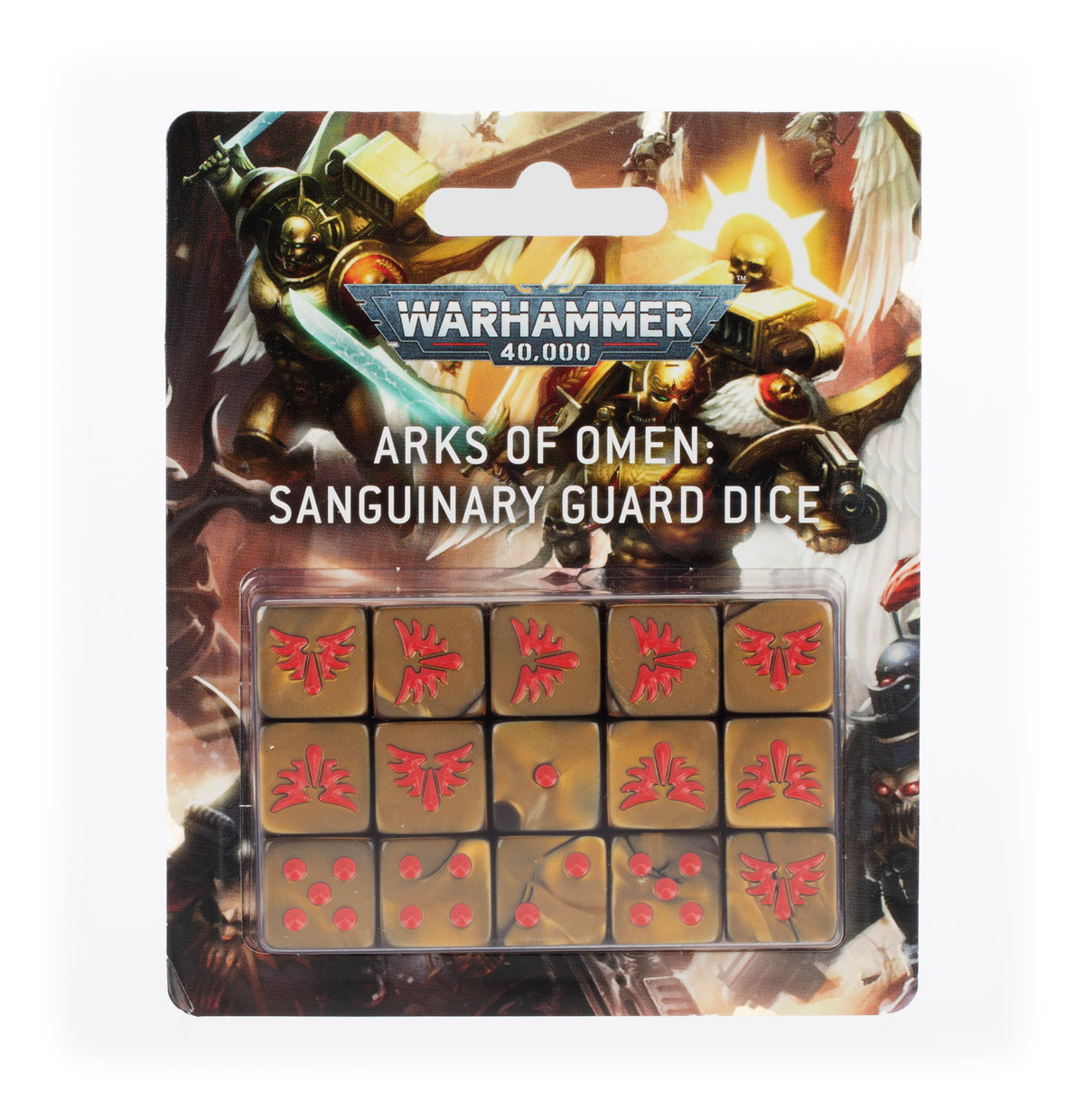 A blister pack displays fifteen gold-colored dice in a three-by-five grid, each marked with red winged emblems or pips, against illustrated armored warriors. The package reads “WARHAMMER 40,000” and “ARKS OF OMEN: SANGUINARY GUARD DICE.”
