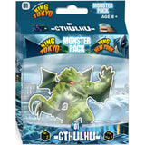 Front of the teal King of Tokyo: Cthulhu Monster Pack package, showing a green, winged tentacled monster with red eyes against a blue city-and-wave scene. Prominent text reads “MONSTER PACK,” “KING OF TOKYO,” “KING OF NEW YORK,” and “CTHULHU.”