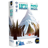 High Risk board game box shown at an angle, with a white front featuring a snowy mountain, dark evergreen trees, climbers and tents. Large teal lettering reads “HIGH RISK,” with “CLIMB TO THE TOP!” and the IELLO logo near the bottom; the narrow side repeats the title.
