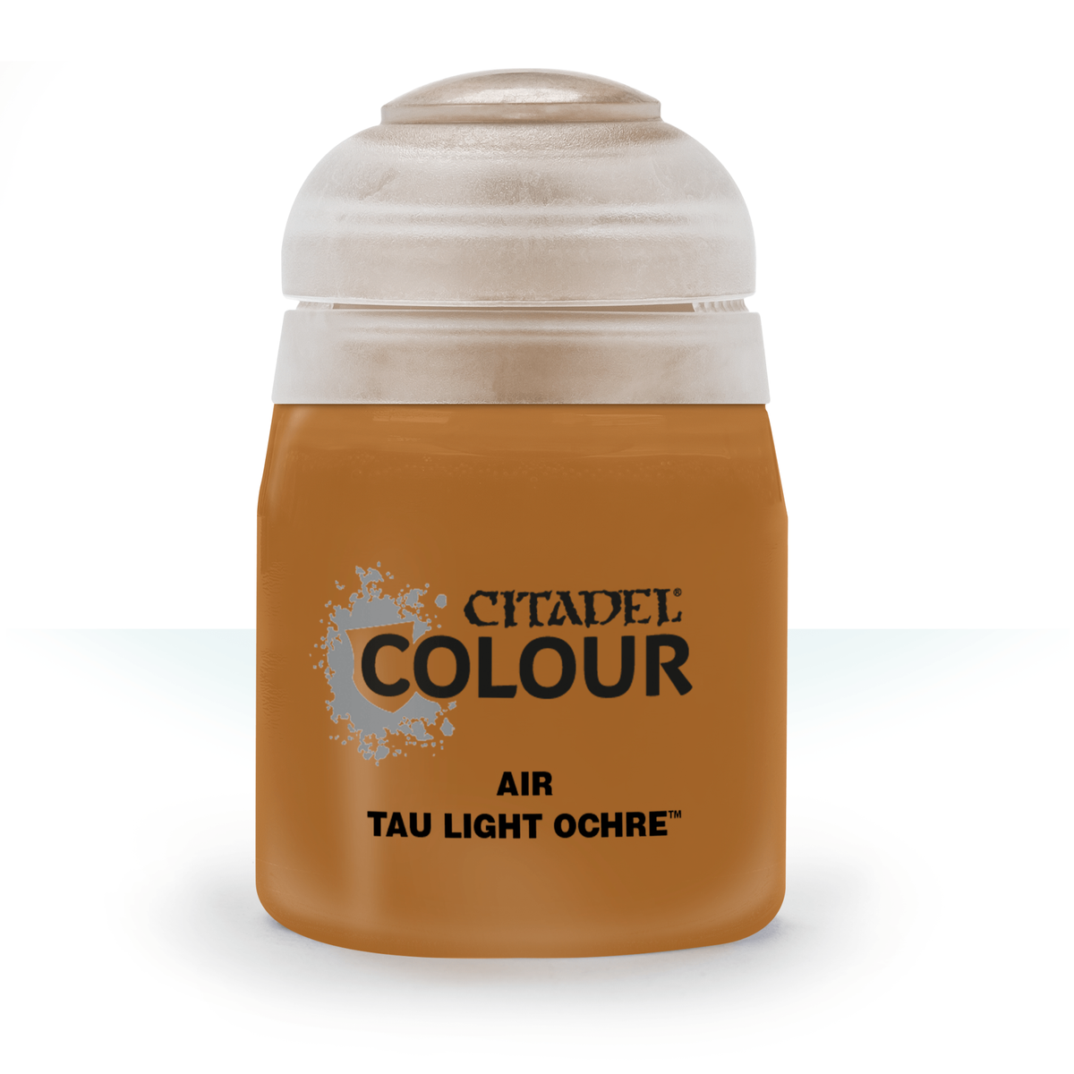 A squat ochre-brown paint pot with a wide white cap is shown upright against a white background. Its label reads “CITADEL COLOUR,” “AIR,” and “TAU LIGHT OCHRE.”
