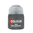 A squat, dark gray paint pot with a translucent light gray cap, shown upright against a black background. The label reads “COLOUR,” “BASE,” and “IRON WARRIORS.”