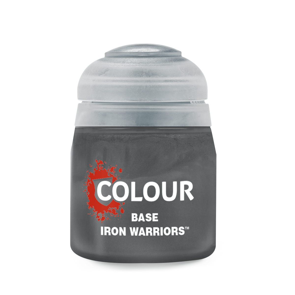 A squat, dark gray paint pot with a translucent light gray cap, shown upright against a black background. The label reads “COLOUR,” “BASE,” and “IRON WARRIORS.”