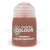 Small rounded paint pot with a pale pink translucent ridged lid and reddish-brown body, shown upright on a white background. The label reads “CITADEL COLOUR” and “TECHNICAL MARTIAN IRONCRUST.”