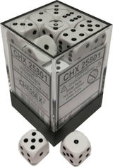 Opaque white six-sided dice with black pips fill a clear cube-shaped container with a black base; two loose dice sit in front, showing different faces. The package label prominently reads “CHX 25801” and “CHESSEX.”