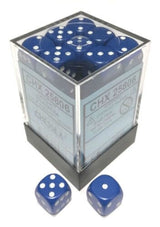 Opaque blue six-sided dice with white pips are stacked inside a clear square display box with a dark base, with two dice shown in front. Faint side labels read “CHX 25806.”