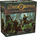 Front and left side of a dark green Lord of the Rings: Journeys in Middle-earth board game box, illustrated with fantasy characters fighting in a forest. The front reads “THE LORD OF THE RINGS” and “JOURNEYS IN MIDDLE-EARTH.”