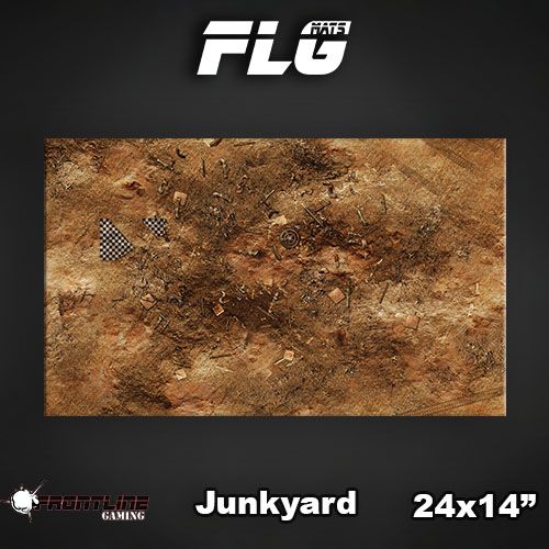 A 24-by-14-inch Junkyard gaming mat shown from above, printed with rusty brown dirt, scattered debris and two black-and-white checkered markings. The graphic also displays “FLG,” “Junkyard” and “24x14”.