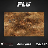 A 24-by-14-inch Junkyard gaming mat shown from above, printed with rusty brown dirt, scattered debris and two black-and-white checkered markings. The graphic also displays “FLG,” “Junkyard” and “24x14”.
