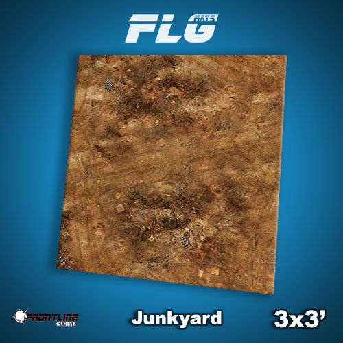 Square gaming mat shown at an angle, printed with a mottled brown junkyard surface of dirt, rust, and scattered debris. The blue background includes the white “FLG” logo and the labels “Junkyard” and “3x3’.”