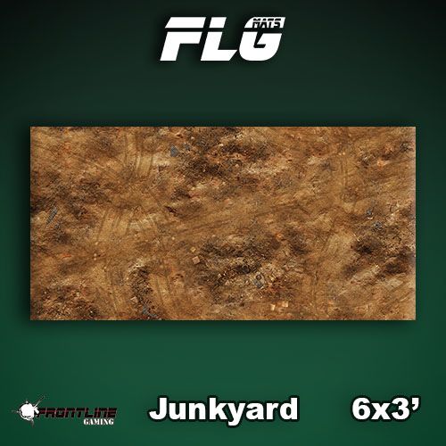 Rectangular gaming mat shown from above with a mottled brown, rust-colored ground pattern. The graphic labels it “Junkyard” and “6x3’,” with a large white “FLG” logo above.