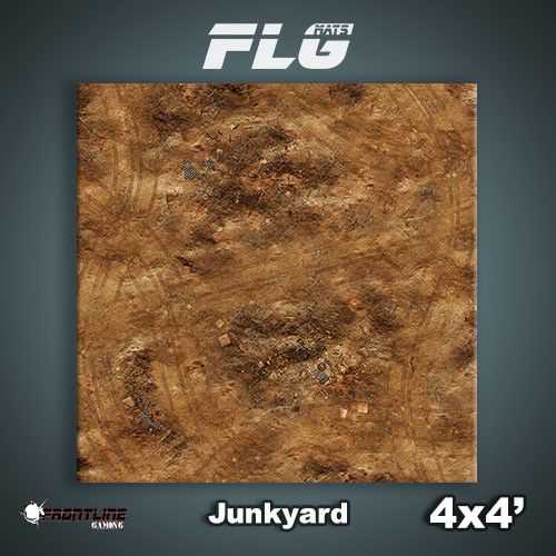 Square gaming mat shown from above, printed with a mottled brown junkyard terrain design of dirt, debris and tire tracks. The image includes the text “FLG,” “Junkyard” and “4x4’.”
