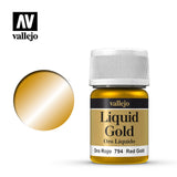 Vallejo Red Gold paint bottle with a white ribbed cap and gold-toned label, shown beside a round metallic gold color swatch. The label reads “Liquid Gold” and “Oro Rojo 794 Red Gold”; the Vallejo logo appears above.