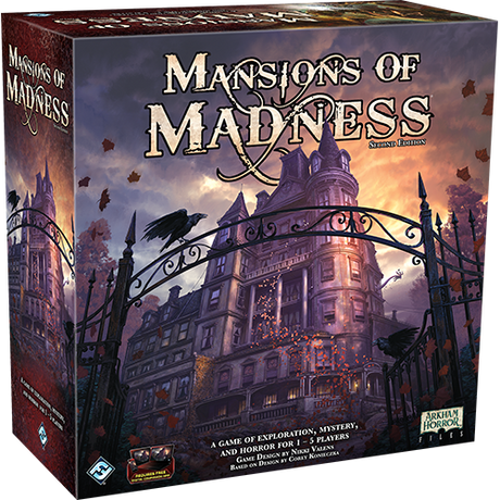 Mansions of Madness: Second Edition board game box shown at an angle, with a dark haunted mansion behind an ornate iron gate, silhouetted ravens and leaves against a glowing orange-purple sky. The front reads “MANSIONS OF MADNESS”; the narrow side repeats the title.