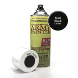 A tall spray primer can with a pale olive-green label and black nozzle stands beside its white cap, which lies on its side in front. The label reads “THE ARMY PAINTER”; a black callout reads “Matt Black CP3001.”
