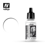 White Vallejo Mecha gloss varnish bottle with a tall black ribbed cap and a grayscale helmet graphic on its label, which reads “MECHA VARNISH” and “69.701 GLOSS VAR…”; the Vallejo logo and a gray outlined circle appear on the white background.