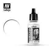 White Vallejo Mecha Matt Varnish bottle with a black ribbed dropper cap and grayscale label showing a helmet; beside it is a white circular swatch with a dark outline. Label text reads “vallejo” and “MECHA VARNISH.”