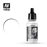 White Vallejo varnish bottle with a tall black ribbed cap and grayscale label showing a robotic helmet. The label reads “vallejo,” “MECHA VARNISH” and “69.703 SATIN”; a faint gray outlined circle appears beside the bottle.