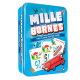 Bright blue rounded game tin shown at an angle, with the front and narrow side visible. The front reads “MILLE BORNES” and “THE CLASSIC RACING GAME” above illustrated mileage cards, a red car, and a checkered flag.