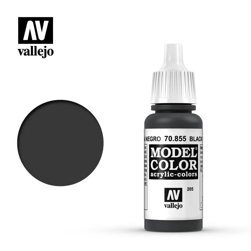 Black Vallejo Model Color paint in a small dropper bottle with a white ribbed cap, shown beside a round dark gray-black color swatch. The label prominently reads “MODEL COLOR” and “vallejo.”