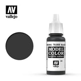 Black Vallejo Model Color paint in a small dropper bottle with a white ribbed cap, shown beside a round dark gray-black color swatch. The label prominently reads “MODEL COLOR” and “vallejo.”
